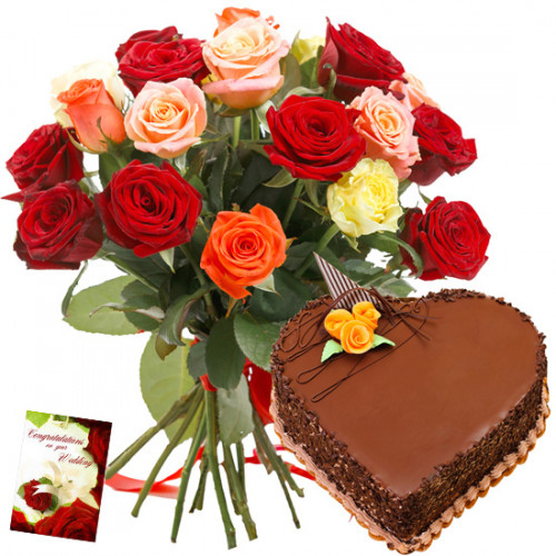 Rose Bunch N Cake - 12 Mix Roses + Heart Cake 1 kg + Card