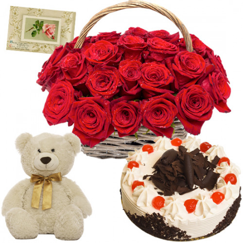 Eye Gripping - 20 Red Roses Basket, 1/2 Kg Cake, Teddy Bear 6 inch + Card