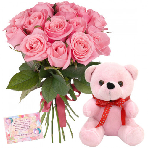 Delight N Surprise - 12 Pink Roses Bunch, Teddy 6 inch + Card