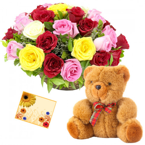 Captivating Hamper - 15 Mixed Colours Roses In Basket + 6" Teddy Bear + Card