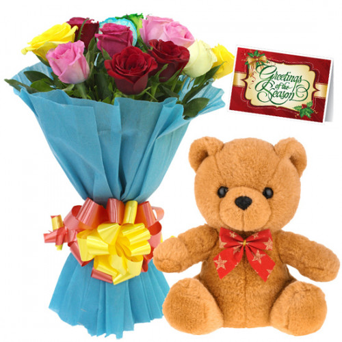 Mix with Bear - 10 Mixed Roses Bunch, Teddy 6 inch + Card