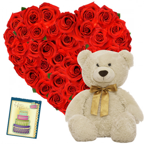 Exquisite - Heart Shaped Arrangement 30 Red Roses + Teddy Bear  6" + Card