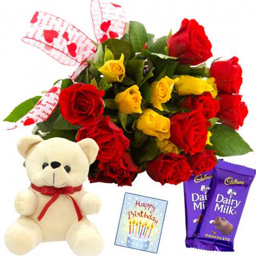 Heartful Gift - 20 Red & Yellow Roses + Teddy 6" + 2 Dairy Milk + Card