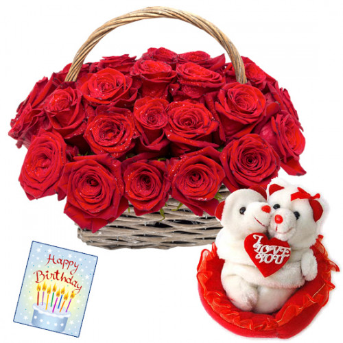 Roses & Couple - 20 Red Roses Basket + Couple Teddy with Heart + Card