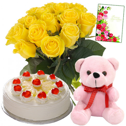 Honourable Choice - Bouquet 12 Yellow Rose + 1/2 Kg Pineapple Cake + Teddy Bear 8" + Card