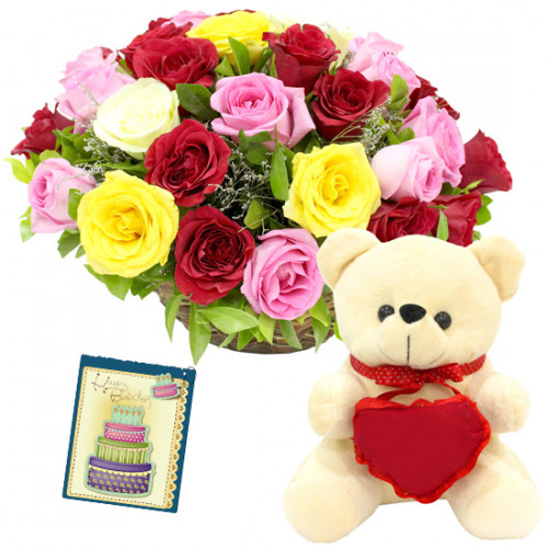Popular - Basket 20 Mix Roses + 6" Teddy with Heart + Card