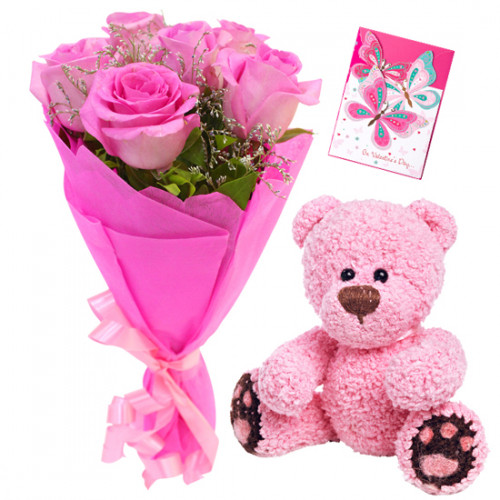 Pink N Soft - 10 Pink Roses Bunch, Teddy 6 inch + Card