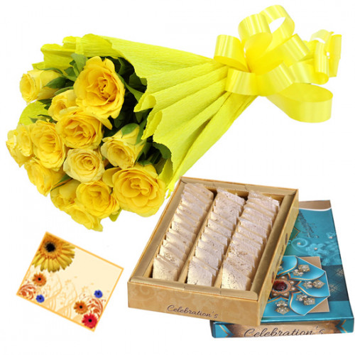Yellow Katli Delight - 12 Yellow Roses Bunch, Kaju Katli 250 gms & Card