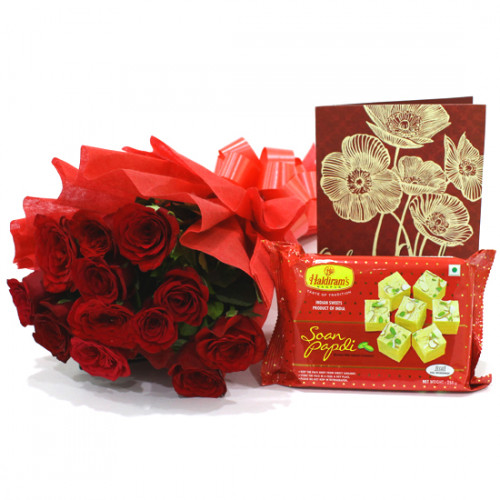 Red Papdi Treat - 12 Red Roses Bunch, Soan Papdi 250 gms & Card