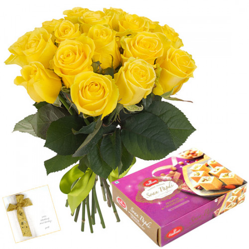 Marvellous - Bouquet Of 12 Yellow Roses + Soan Papdi Box 250 Gms + Card