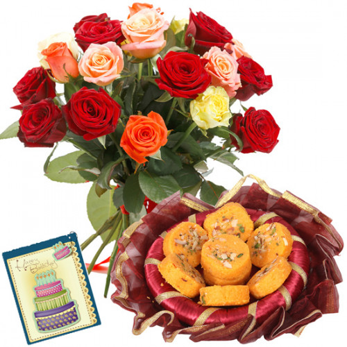 Wonderful Present - Bouquet Of 12 Multi Color Roses + Kesar Pedas 250 Gms  + Card