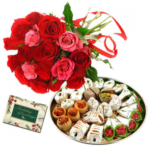 Red N Pink Mix - 15 Red & Pink Roses Bunch, Kaju Mix 250 gms & Card