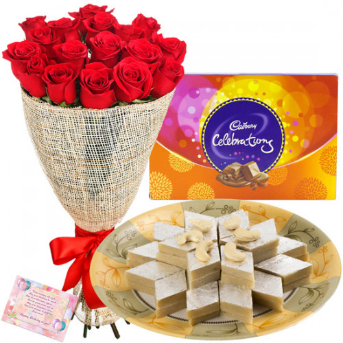 Extraordinary Arrangement - Bouquet 15 Red Roses + Kaju Katli Box 250 Gms + Cadbury Celebration  + Card