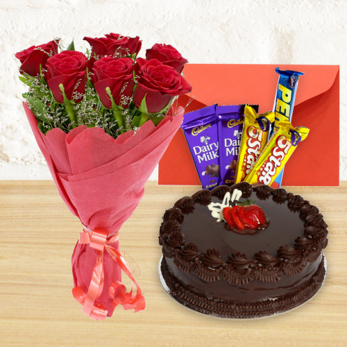 Flower N Cake Bonanza - 10 Red Roses Bunch, 1/2 KG Cake, 5 Assorted Bars + card