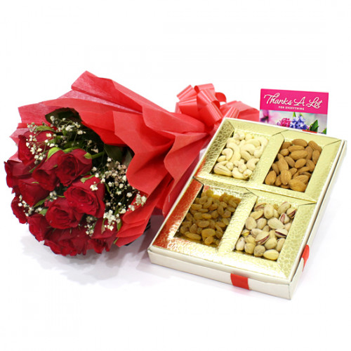 Magic of Red - 12 Red Roses Bunch, Assorted Dryfruits in Box 200 gms & Card