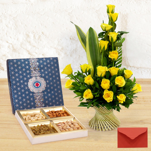 Roses with Dryfruits - 15 Yellow Roses in Basket, Assorted Dryfruit Box 200 gms & Card