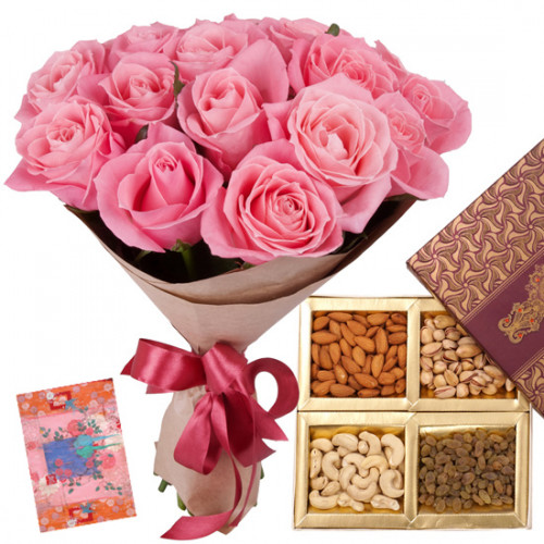 Your Favourite - Bunch of 12 Pink Roses, Assorted Dryfruits in Box 200 gms & Card