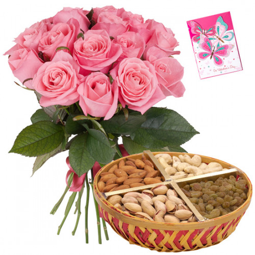 Pink Mix - 10 Pink Roses, Assorted Dryfruit Basket 200 gms & Card