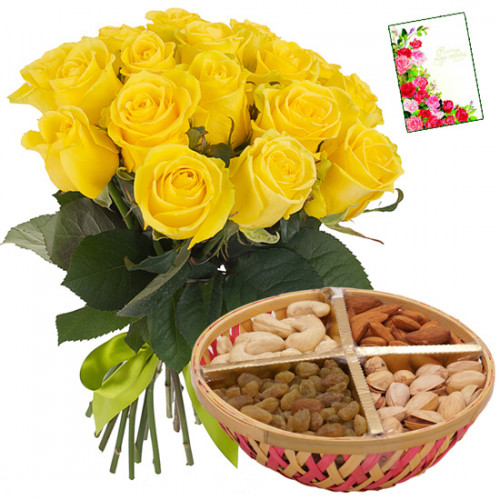 Rose Nutty Combo - 12 Yellow Roses, Assorted Dryfruit Basket 200 gms & Card