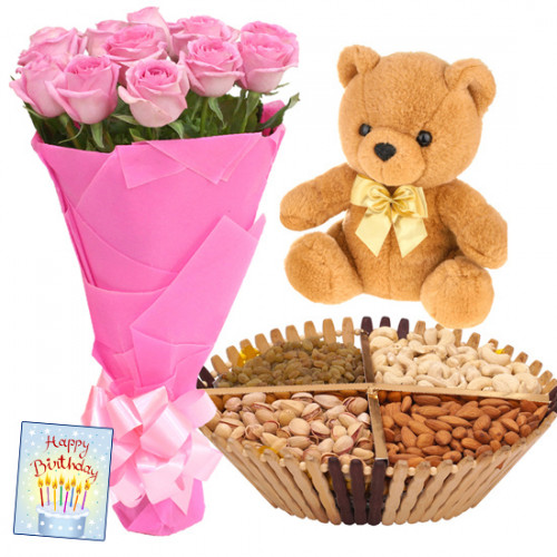 Soft Crunch - Bunch of 12 Pink Roses, Assorted Dryfruits in Basket 200 gms, Teddy 6 inch & Card