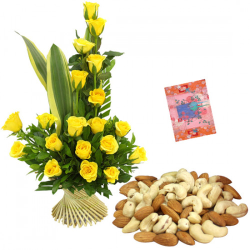 Rosy Dryfruits - 20 Yellow Roses Basket, Cashew Almond Box 200 gms & Card