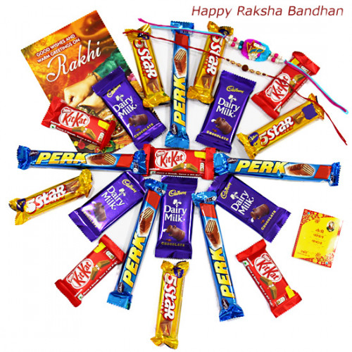 Choco Fills - 5 Dairy Milk, 5 Five Star, 5 Kit Kat, 5 Perk with 2 Rakhi and Roli-Chawal
