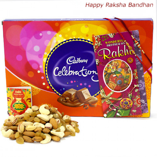 Cadbury Assortment - Celebrations, Assorted Dryfruits, 2 Rakhi, Free Greeting Card & Roli-Chawal