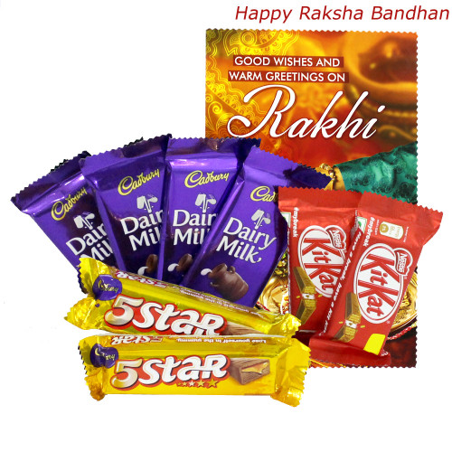 All Chocs - 4 Dairy Milk, 2 Five Star, 2 Kitkat and Free Greeting Card (Rakhi & Tika NOT Included)