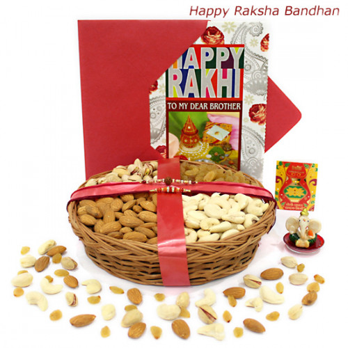 Ganesh Basket - Assorted Dryfruits Basket, Ganesh Idol with 2 Rakhi and Roli-Chawal