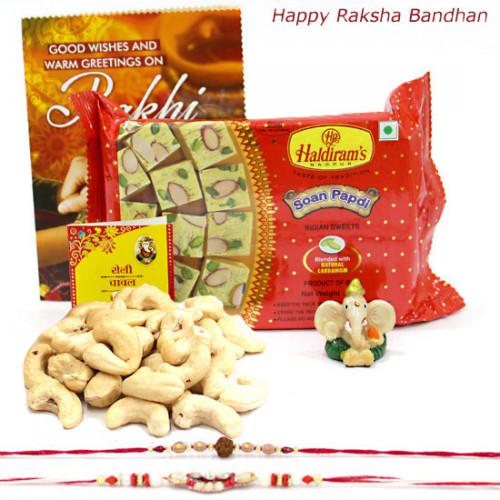 Papdi Ganesh - Cashewnuts 100 gms, Haldiram Soan Papdi, Ganesh Idol with 2 Rakhi and Roli-Chawal