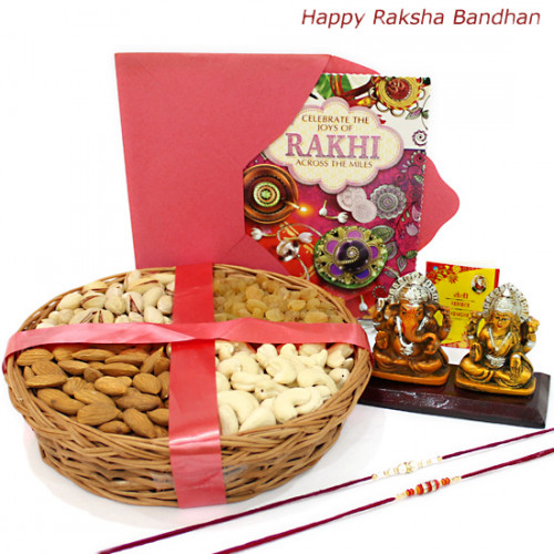 Lucky Basket - Assorted Dryfruits Basket, Laxmi Ganesh Idol with 2 Rakhi and Roli-Chawal