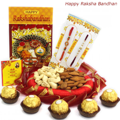 Golden Decoration - Almonds & Cashews, Ferrero Rocher 4 Pcs, Decorative Thali with 2 Rakhi and Roli-Chawal