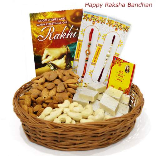 Dryfruit Assortment - Kaju Katli, Almonds & Cashews, Basket with 2 Rakhi and Roli-Chawal