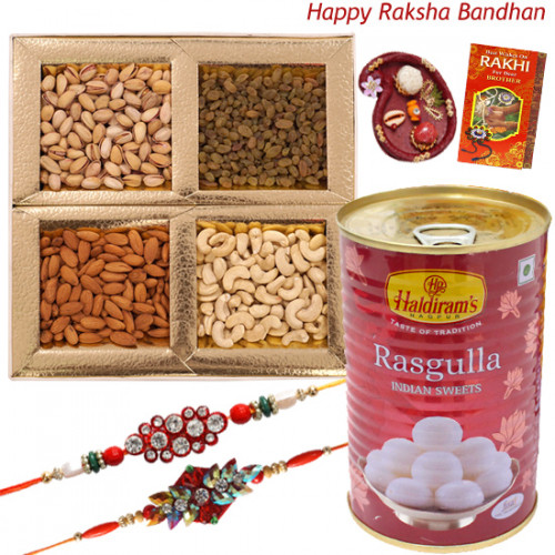 Haldiram Celebration - Haldiram Rasgulla 500 gms, Assorted Dryfruits 200 gms with 2 Rakhi and Roli-Chawal