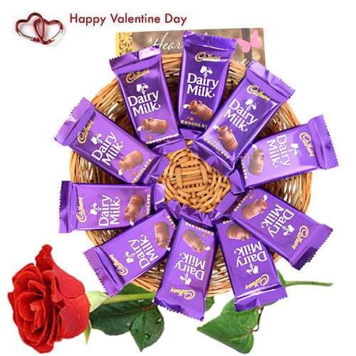 Symbolic Love - 10 Dairy Milk in Basket, Artificial Roses and Card