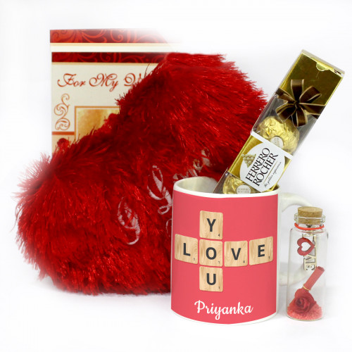 Love Message - Small Heart Pillow, Love You Personalized Mug, Messages in a Bottle, Ferrero Rocher 4 Pcs and Card
