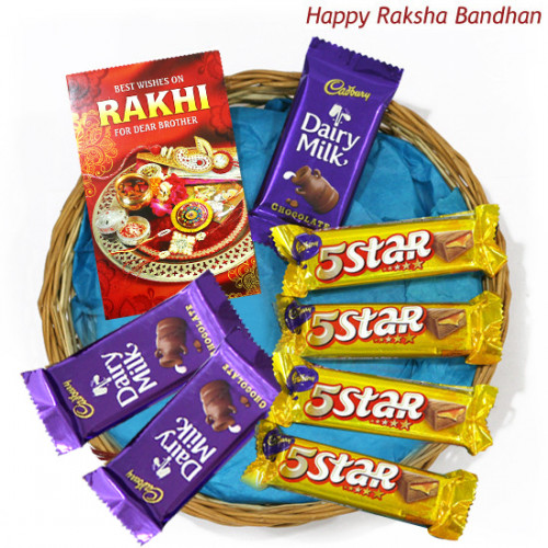 Choco Allure - 4 Five Star, 3 Dairy Milk and Free Greeting Card (Rakhi & Tika NOT Included)