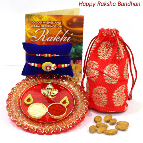 Healthy Thali Delight - Designer Ganesh Thali, Almonds 100 gms in Potli (D) with 2 Rakhi and Roli-Chawal