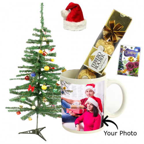 Christmas Delight - Wish You a Merry Christmas Mug, Ferrero Rocher 4 Pcs, Christmas Tree with Santa Cap