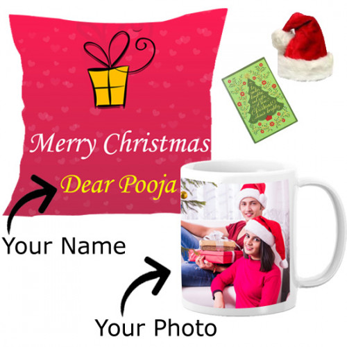 Lovely Xmas - Christmas Cushion & Mug with Santa Cap and Greeting Card