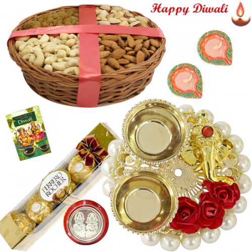 Assorted Dry Fruits in Basket, Ferrero Rocher 4 Pcs, Divine Ganesha Thali with Perals with 2 Diyas and Laxmi-Ganesha Coin