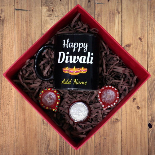 Diwali Premium Combo - Happy Diwali Personalized Black Photo Mug, Silver Coin 10 gms with 2 Diyas and Premium Gift Box (M)