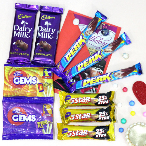 Choco Blast - 2 Cadbury Dairy Milk (L), 3 Perk, 3 Five Star, 2 Gems & Card