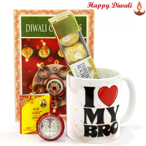 Ferrero Mug - I Love My Bro Mug, Ferrero Rocher 4 Pcs with Bhaidooj Tikka and Laxmi-Ganesha Coin