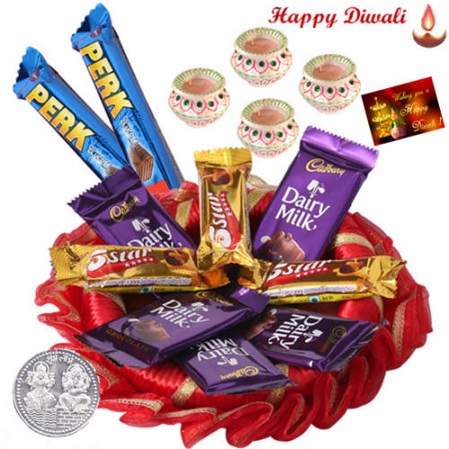 Wonderful Cadbury Thali - 10 Assorted Cadbury Bars, Decorative Thali with 4 Diyas and Laxmi-Ganesha Coin