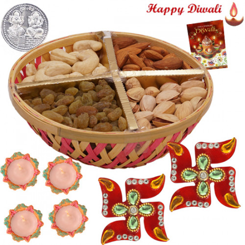 Dryfruit & Chocolate Combo - Assorted Dryfruits 200 gms Basket, Auspicious Swastika with 4 Diyas and Laxmi-Ganesha Coin