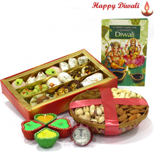 Dry Fruits with Sweet - Assorted Dryfruits 200 gms Basket, Kaju Mix 250 gms with 4 Diyas and Laxmi-Ganesha Coin