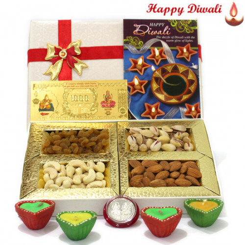 Diwali Dryfruit Treat - Assorted Dryfruits 200 gms, 24 Carat Gold Plated Dhan Laxmi Varsha Note with 4 Diyas and Laxmi-Ganesha Coin