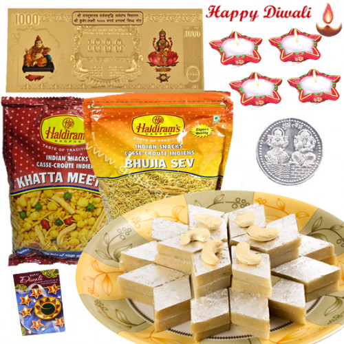 Chatpata Hamper - Kaju Katli 250 gms, 2 Haldiram Namkeen with 4 Diyas and Laxmi-Ganesha Coin