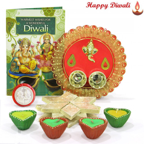 Designer Katli Thali - Kaju Katli 250 gms, Ganesh Designer Thali with 4 Diyas and Laxmi-Ganesha Coin